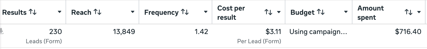 Campaign results: 230 leads at $3.11 per lead, 13,849 reach, $716.40 spent